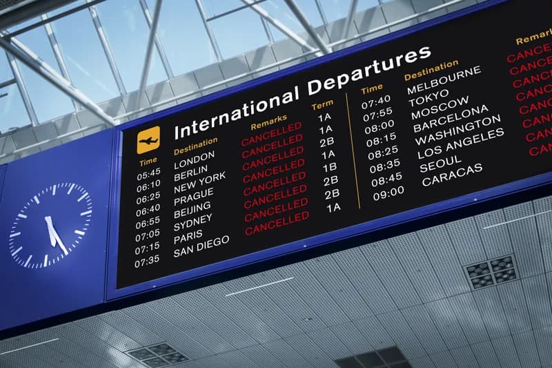 An airport departures board showing flight times