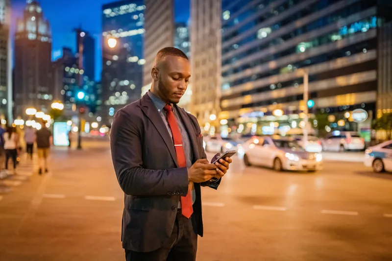 Comparing a rideshare app on a city street