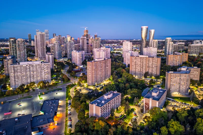 The modern Mississauga city skyline at dusk