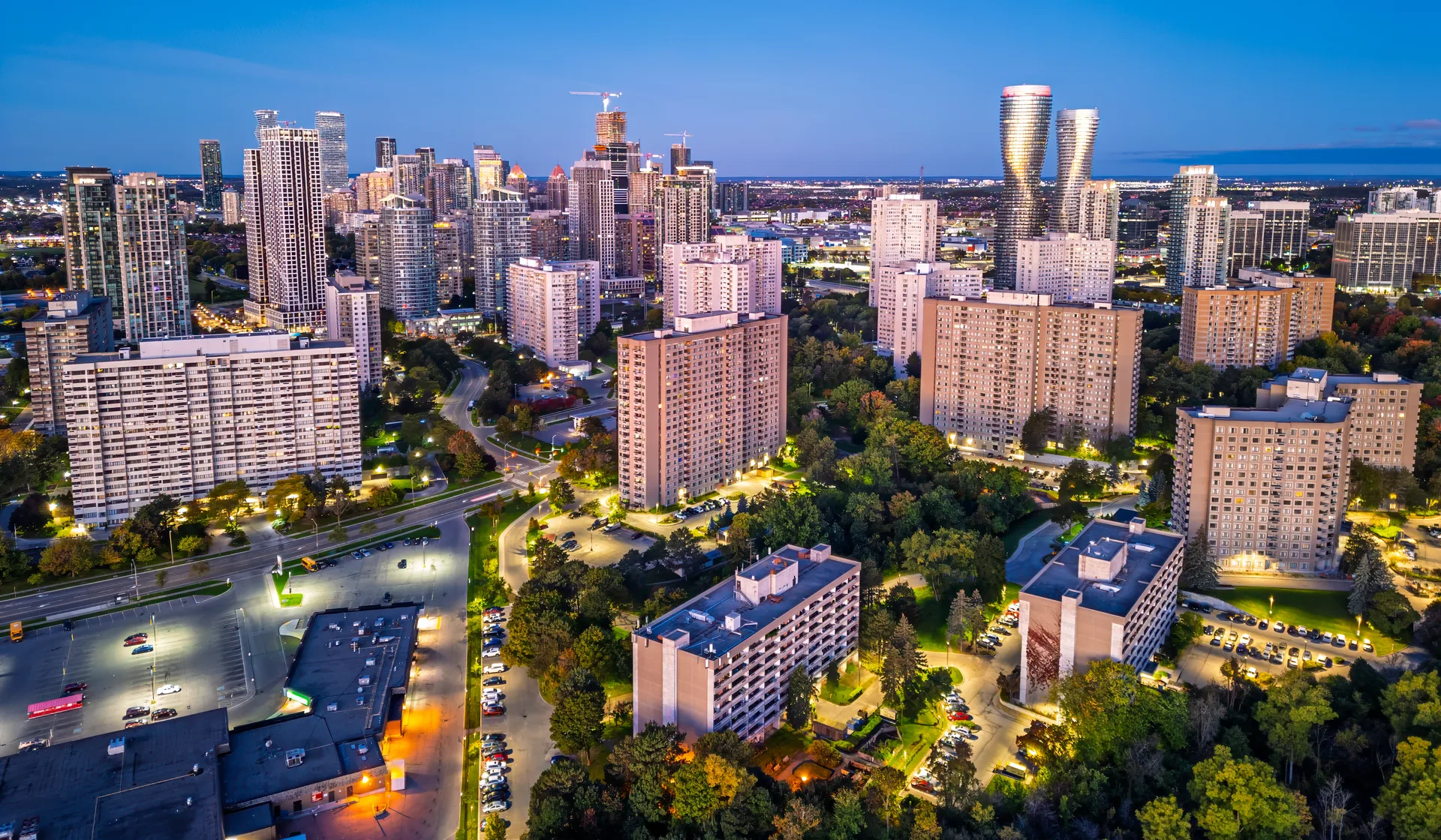 The modern Mississauga city skyline at dusk